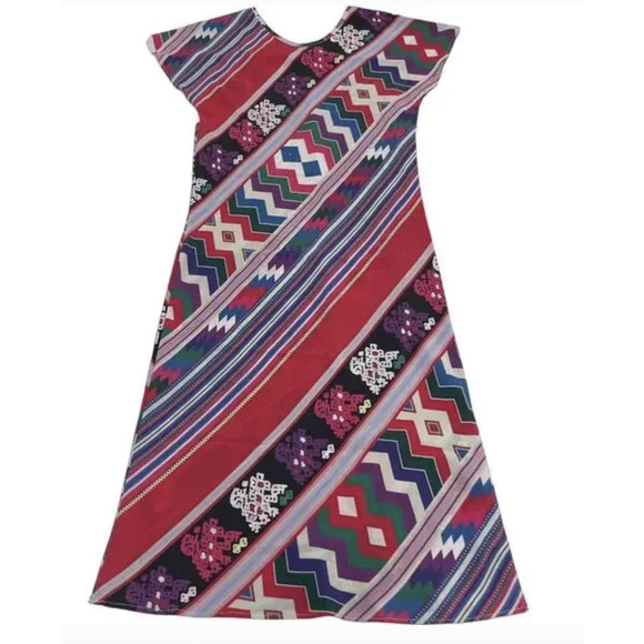 Carolina K Dress Womens XS Red Multicolor Geometric Bohemian A-Line Cap Sleeve - Picture 2 of 9